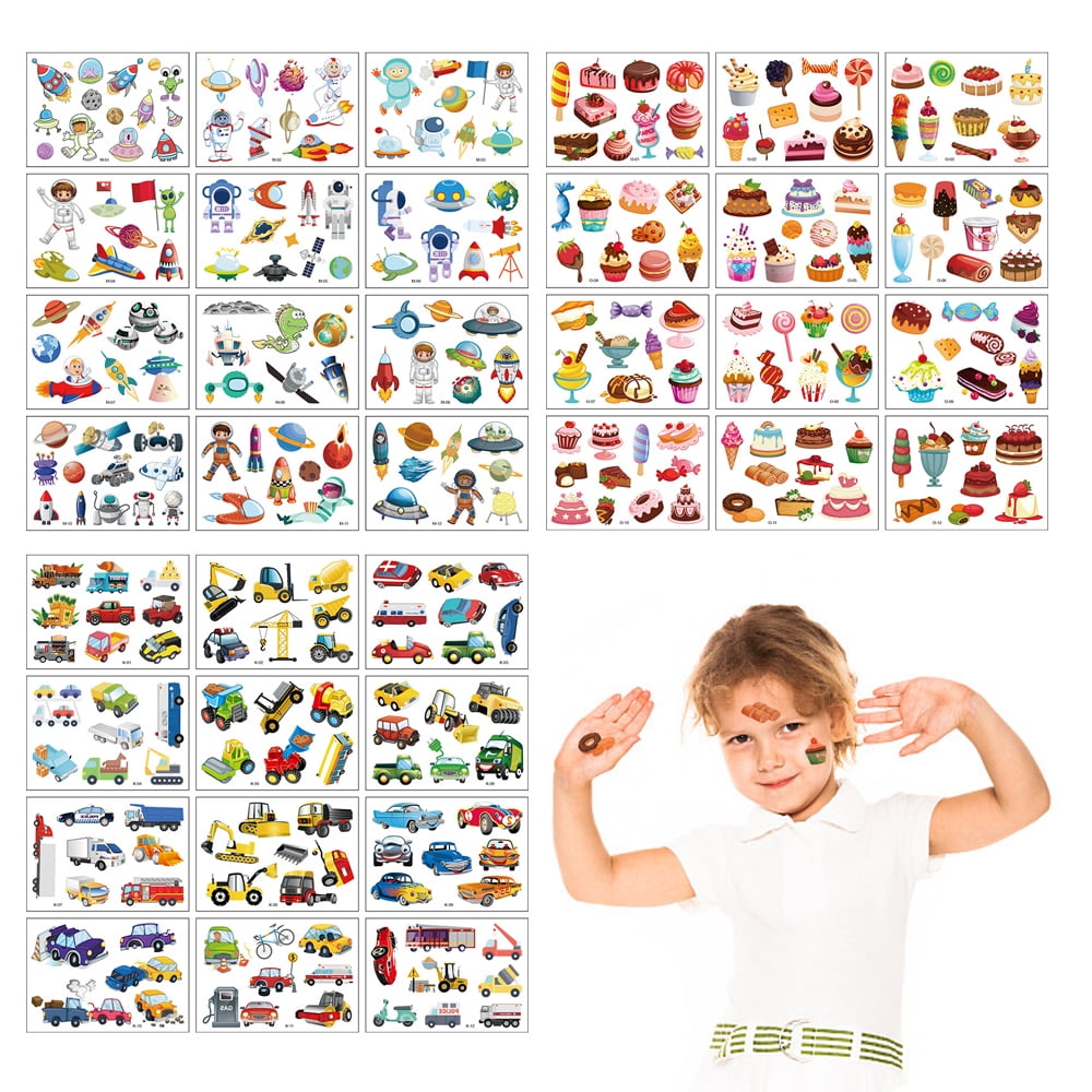 36 Sheets Kids Waterproof Temporary Tattoos, Children's Temporary Tattoo Car Space Dessert,for birthday parties,group activities