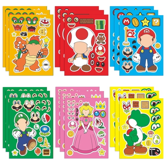 36 Sheets Mario Make a Face Stickers, Cartoon Book Crafts for Kids, DIY Party Supplies Favors Your Own Mixed and Matched with Different Designs Characters Birthday Gifts Class Reward Decor