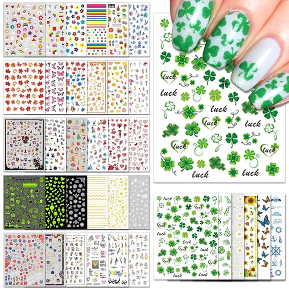 36 Sheets Varied Nail Art Stickers, All Holiday Variety Pack Seasonal Nail Decals, Self-Adhesive Pegatinas Uas Colorful Design for Flowers Butterflies Luminous Star Halloween Christmas