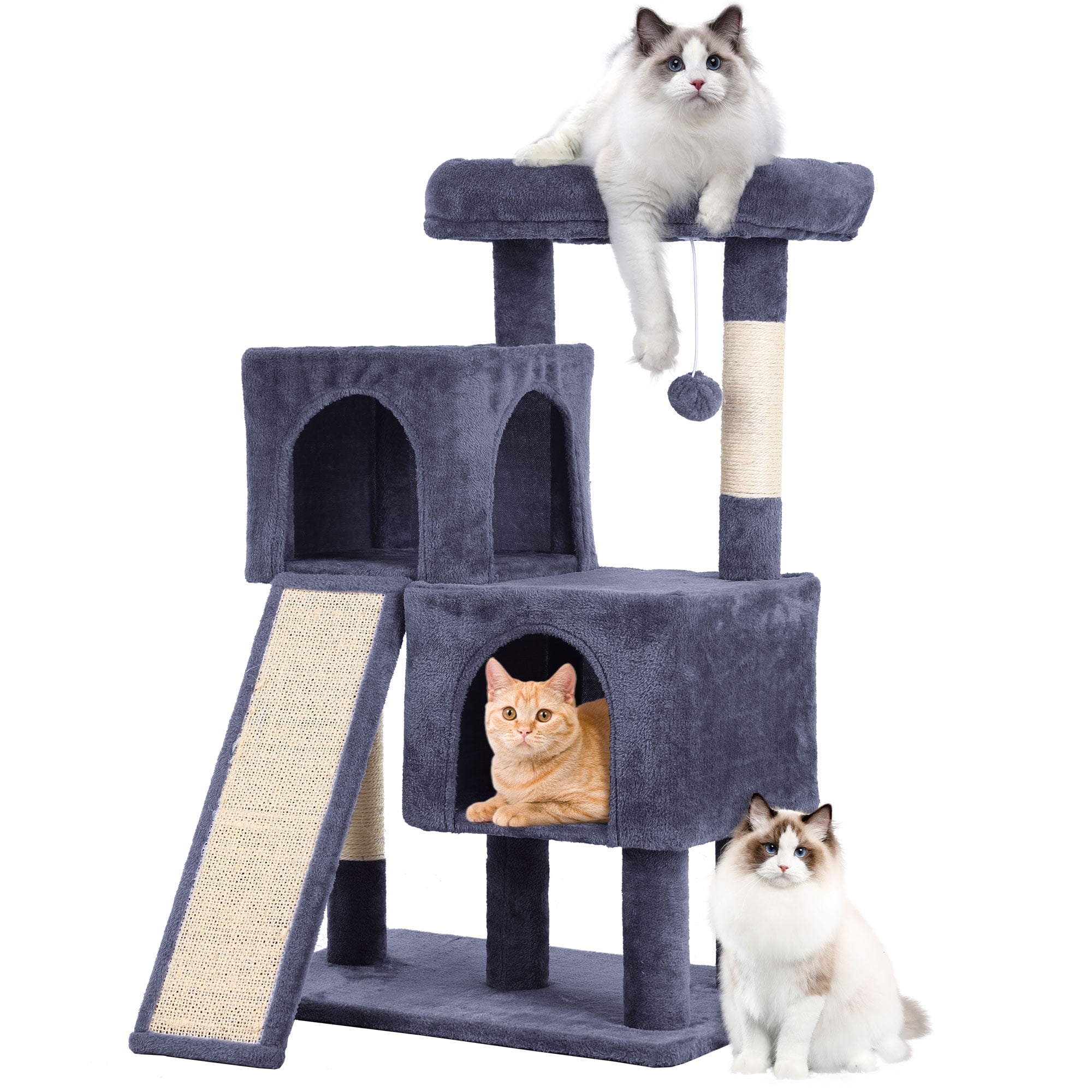CL.HPAHKL 36 In Short Sturdy Cat Tree House, Modern Cat Tower Scratching Post with Soft Plush Perch Kittens Condo with Board and Hanging Ball Cat Cave Beds for Indoor Cats, Dark Grey