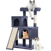 CL.HPAHKL 36 In Short Sturdy Cat Tree House, Modern Cat Tower Scratching Post with Soft Plush Perch Kittens Condo with Board and Hanging Ball Cat Cave Beds for Indoor Cats, Dark Grey