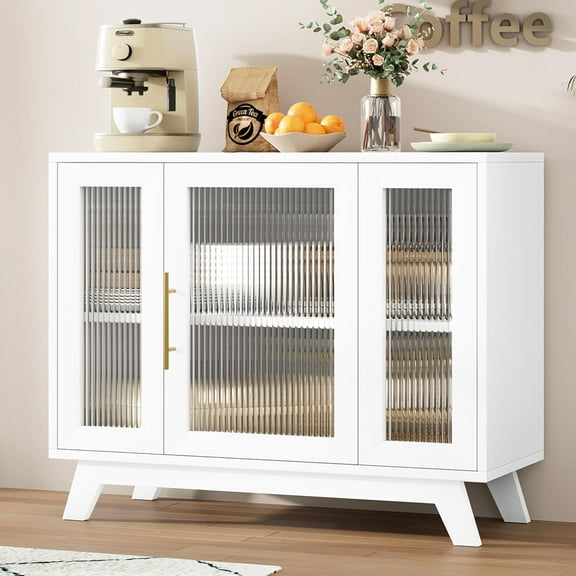 36" Sideboard Buffet Cabinet with Fluted Glass Door,Modern White Accent Storage Cabinet with 2-Tier Adjustable Shelves, White