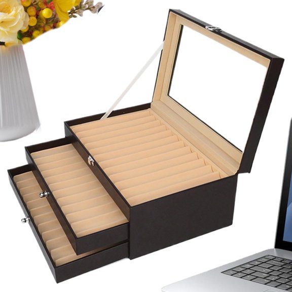 36 Slot Black Leather Flannel Pen Organizer Box with Glass Window, Charcoal Fiber Pen Collection Display Case