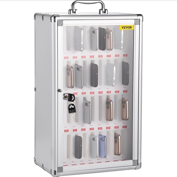 36 Slot Silver Aluminum Alloy Phone Storage Locker Box with Key Lock Portable Handle Handwritten Tags Wall Mount for Classroom Office Gym