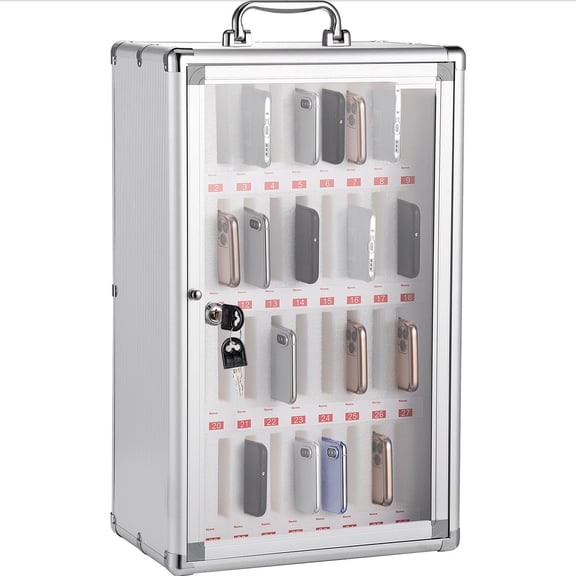 36 Slot Silver Aluminum Alloy Phone Storage Locker Box with Key Lock Portable Handle Wall Mount for Classroom Office Gym