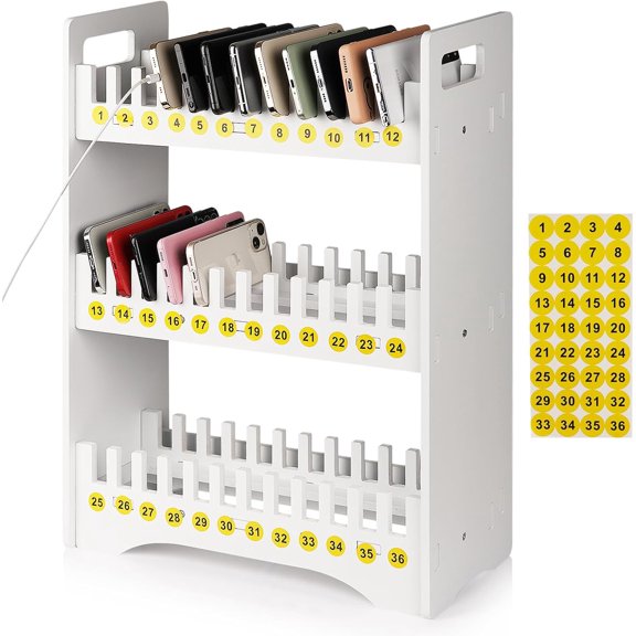 36 Slots Cell Phone Holder Stand with 1-36 Number Stickers, White | 3-Tier Multiple Cell Phone Stand RackPVC Board, Mobile Phone Holder Desktop Organizer for Classroom Office