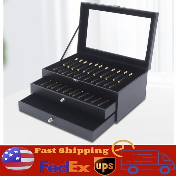 36-Slots Pen Display Box Leather Pen Display Case Fountain Pen Storage Box Black