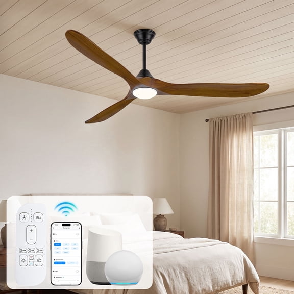 36" Small Smart Ceiling Fan with Lights, 3 Solid Wood Propeller Blades, Modern Rustic Farmhouse Style, Works with Alexa App Remote, ETL/DOE Listed, Quiet DC Motor for Indoor Bedroom Kitchen