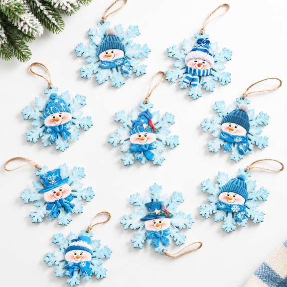 36 Snowflake Wooden Hanging Ornaments, Blue Snowman Shape Holiday Craft Decorations with Rope