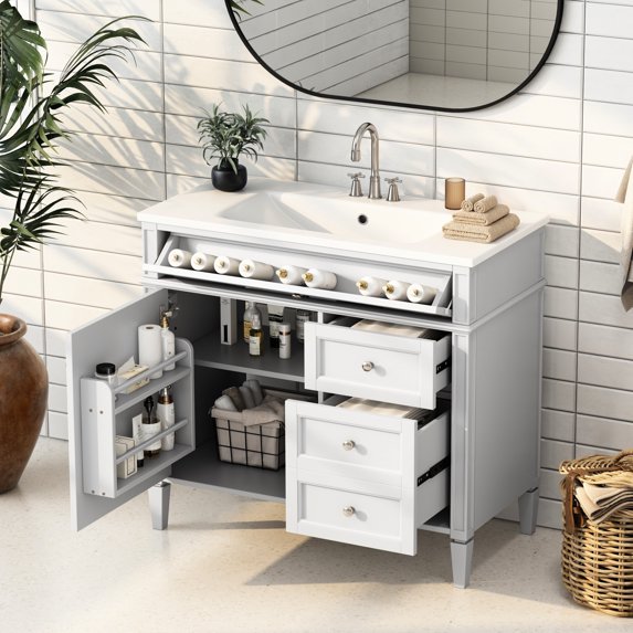 36'' Solid Wood Bathroom Vanity | Diverse Storage, Concealed ...