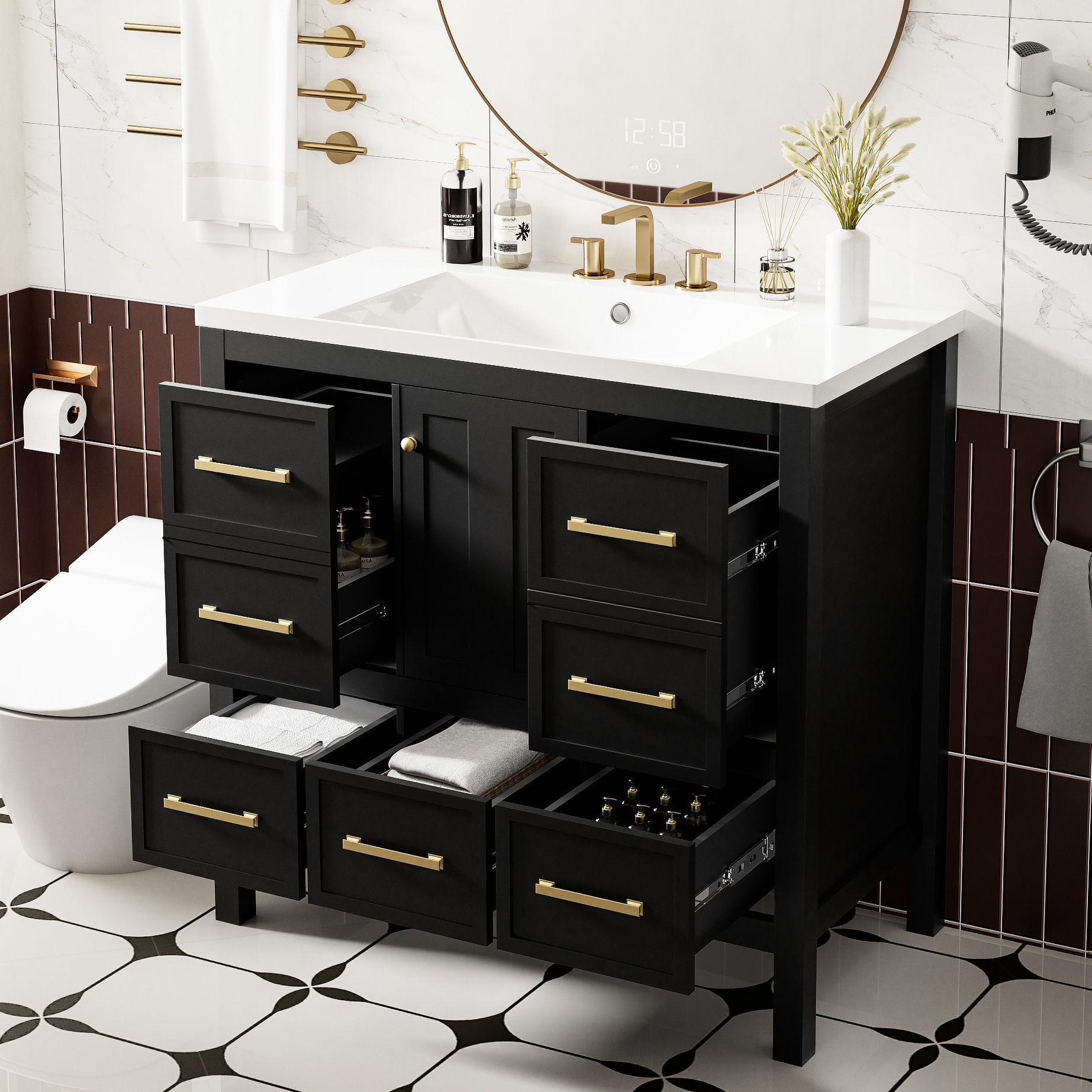 36'' Solid Wood & MDF Vanity / 5 Drawers & Soft-Closing Function ...