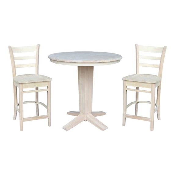 36" Solid Wood Round Counter Height Extension Table with 12" Leaf and 2 Stools