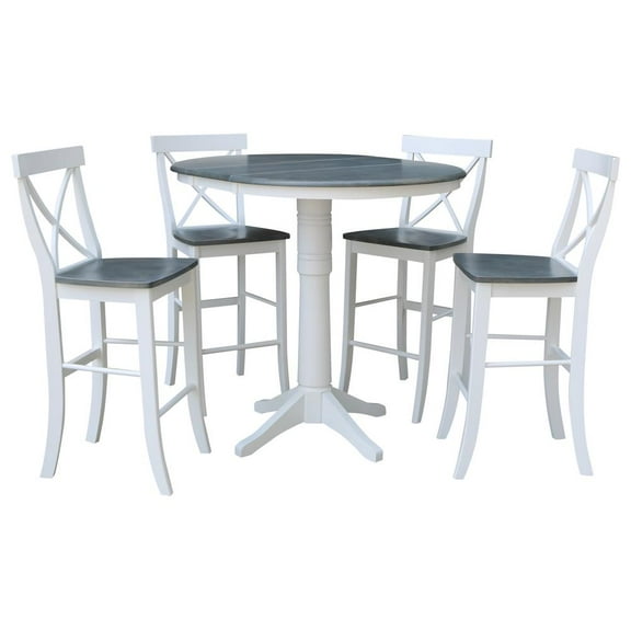 36'' Solid Wood Round Extension Dining Table With 4 Stools in White/Gray