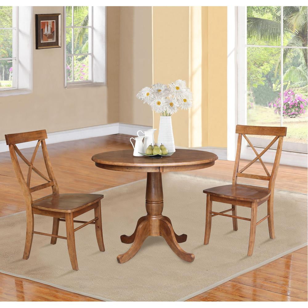 36" Distressed Oak Solid Wood Round Pedestal Table with 2 X-Back Chairs
