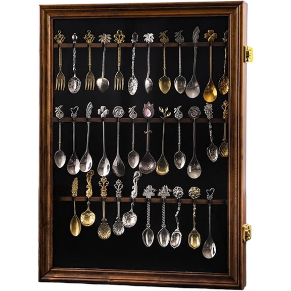 36 Souvenir Tea Spoon Display Case Collection Collector Rack Wall Mount Wooden w/98% UV Acrylic Door LockableFire Burning Color (36Spoon)