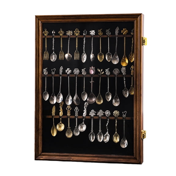 36 Souvenir Tea Spoon Display Case Collection Collector Rack Wall Mount Wooden w/98% UV Acrylic Door Lockable(Fire Burning Color) (36Spoon)