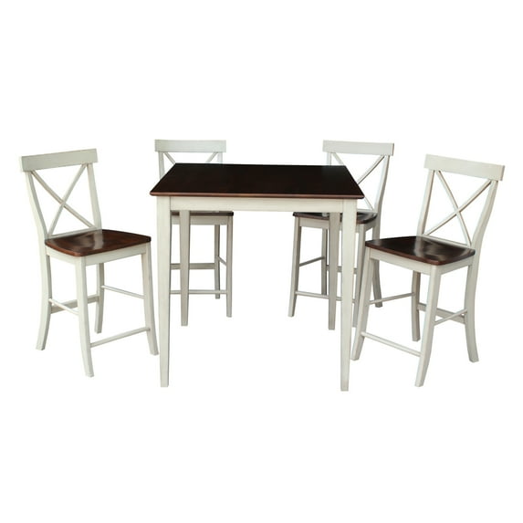 36" Square Counter Height Table with 4 X-back Stools in Antiqued Almond/Espresso - 5 Piece Set