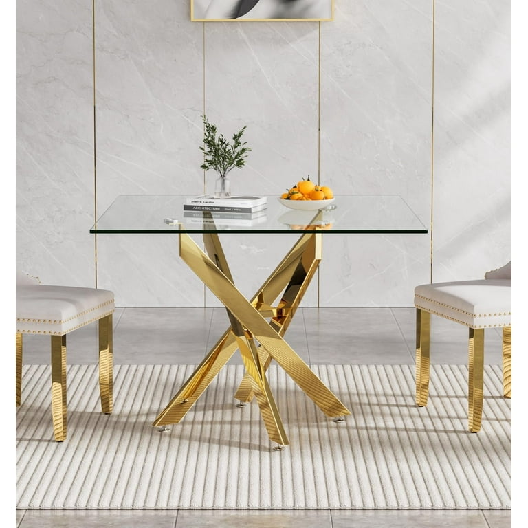 36'' Square Dining Table for 2-4, X-Shape Metal Legs, Glass Tea