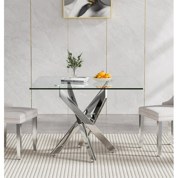 36'' Square Dining Table for 2-4, X-Shape Silver Metal Legs, Glass Tea Table Square Kitchen Table for Small Space
