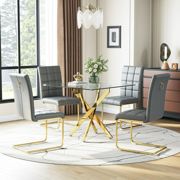 36” Square Glass Dining Table Set, Gold Polished Stainless Steel Cross Legs, 0.39” Thick Tempered Glass Top, 4 PU Leather Cantilever Dining Chairs, for Kitchens, Living Rooms, Small Spaces
