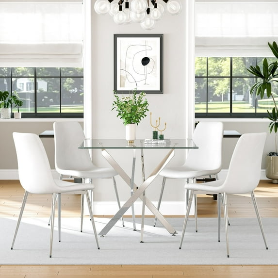 36" Square Glass Dining Table Set, Modern Stainless Steel Cross-Leg Base with 4 Silver-White Velvet Upholstered Dining Chairs, for Dining Rooms, Cafes, Apartments