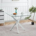 thumbnail image 1 of 36'' Square Glass Dining Table for 2-4, X-Shape White Metal Legs, Glass Tea Table Square Kitchen Table for Small Space, 1 of 16