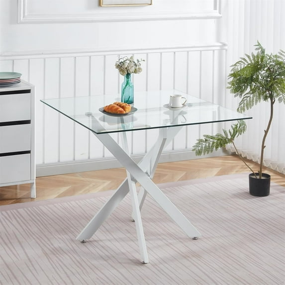 36'' Square Glass Dining Table for 2-4, X-Shape White Metal Legs, Glass Tea Table Square Kitchen Table for Small Space
