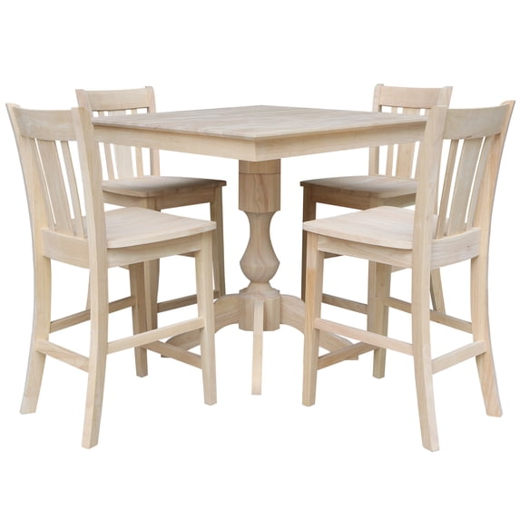 36" Square Solid Wood Counter Height Pedestal Dining Table With 4 Slat Back Stools (Set of 5) - Unfinished by International Concepts