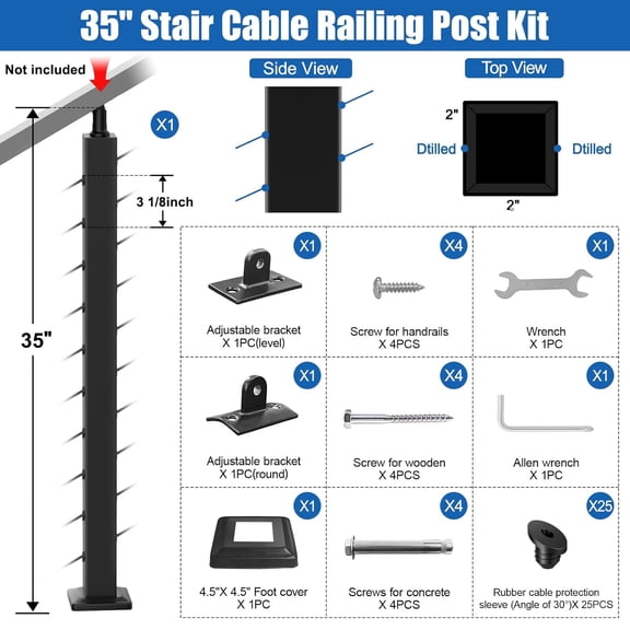 36" Stair Cable Railing Post (Post 35"x2"x2"), Adjustable Top Stair Post for 25-35 Degrees Stair, T304 Stainless Steel Black Finish Cable Railing Post with Cable Grommets for Indoor Outdoor, SP01