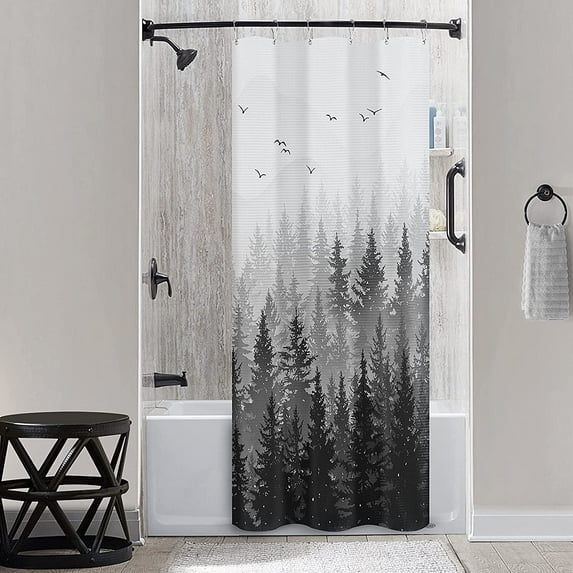 36 Stall Shower Curtain Black Trees Shower Curtains for Bathroom Dark Grey White Ombre Shower Curtain Nature Mountain Misty Forest Woodland Shower Curtain Set Cool Stand Up Shower Curtain for Boys Son