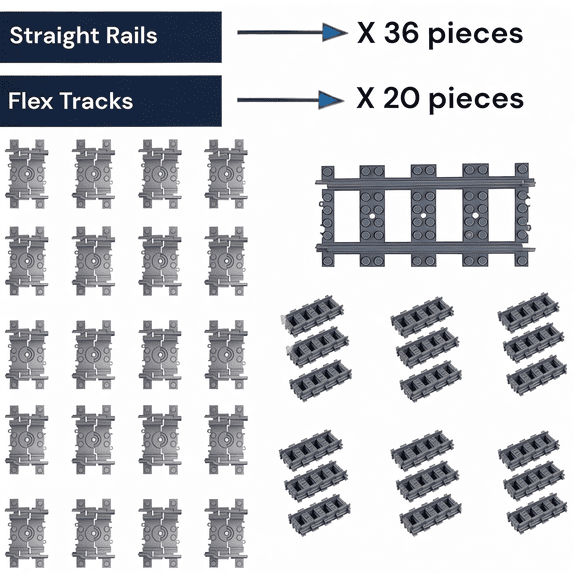 Railway Track Expansion Pack – 56 Pieces (36 Straight + 20 Flex Tracks) | General Jim's Toys & Bricks| GJA-TTS56