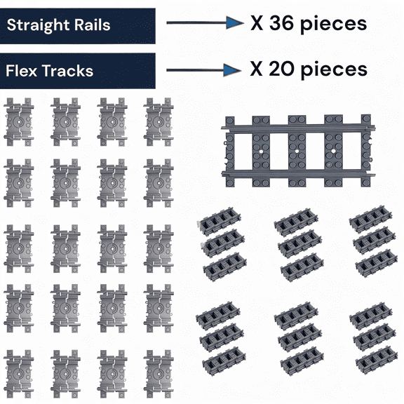 Railway Track Expansion Pack  56 Pieces (36 Straight + 20 Flex Tracks) | General Jim's Toys & Bricks| GJA-TTS56