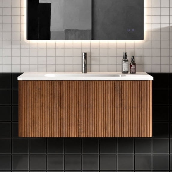 36" Striped Walnut Bathroom Vanity with White Ceramic Sink, Wall Mounted Floating Bathroom Vanity for Modern Bathroom, One-Piece White Basin without Drain and Faucet