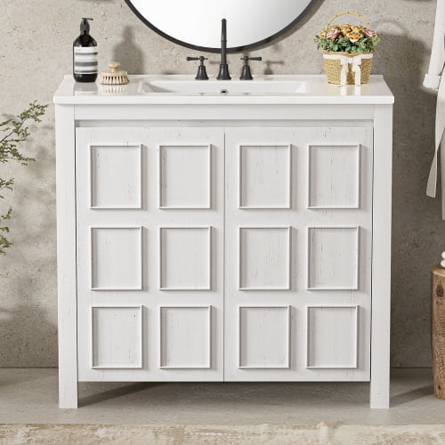 36" Sturdy Bathroom Vanity with Storage, Modern Minimalist Bathroom Vanity with Soft Close, Freestanding Storage Cabinet with Ceramic Sink for Bathroom Organizer, Antique White