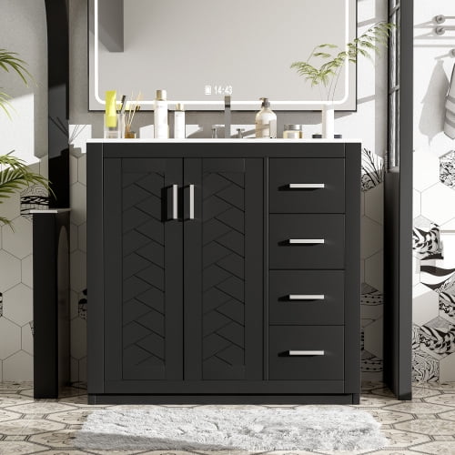 36" Sturdy Solid Wood Small Bathroom Storage Cabinet, Bathroom Organizer Cabinet with Soft Close, Compact Vanity Unit for Small Spaces with Ample Storage for Bathroom, Black