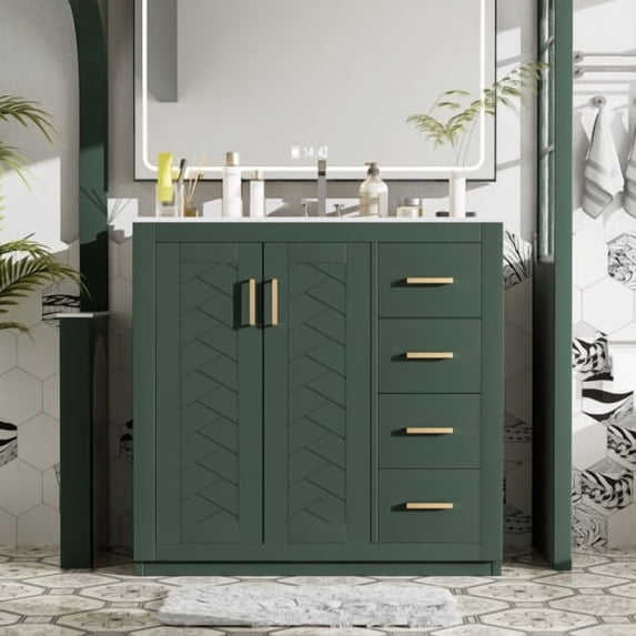 36" Sturdy Solid Wood Small Bathroom Storage Cabinet, Bathroom Organizer Cabinet with Soft Close, Compact Vanity Unit for Small Spaces with Ample Storage for Bathroom, Green