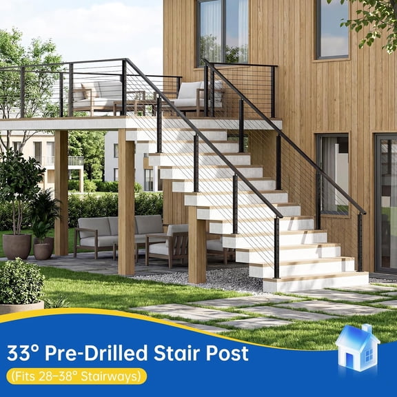 36" Swageless Stair Cable Railing Post Fit 28-38 Degree Stairway, T304 Stainless Steel Surface Mount 33 °   Angle Drilled Deck Post with Upgraded Black Powder Coating for Stair Indoor Outdoor