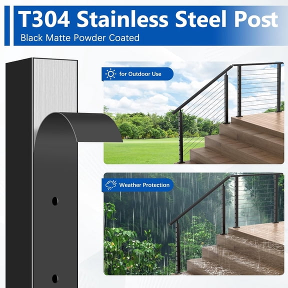 36" T304 Cable Railing Stair Post (Post 35"x2"x2"), 33 ° Drilled Railing Post with Cable Grommets Fit for 25-35 ° Stairway, Adjustable Top Mount Stainless Steel Black Finish Staircase Deck Post