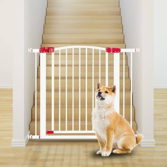 36" Tall Extra Wide Dog Gate for Stairs and Doorway, 28"-36.5" Metal Safety Pet Gate with Door for Dogs, No Drill Adjustable Pressure Walk Through Long Dogs Gates for Wide Openings by LAZYLAND (White)