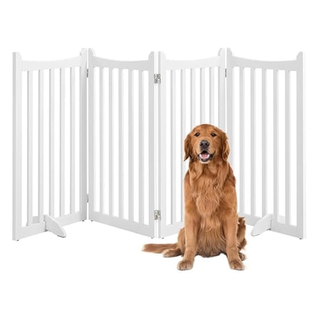 36" Tall Freestanding Pet Gate 4-Panel Wooden Dog Fence - 79.5" Wide Indoor Pet Barrier for Stairs, Doorways & Kitchen - Folding Dog Gate White