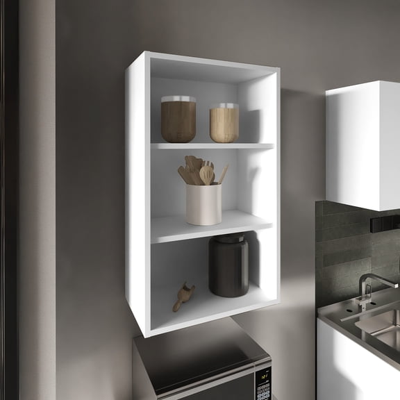 36" Tall White Wall Cabinet, 3 Shelves - Sustainable Material Storage - Tiny Kitchen Rooms - Organize Kitchen Stuff
