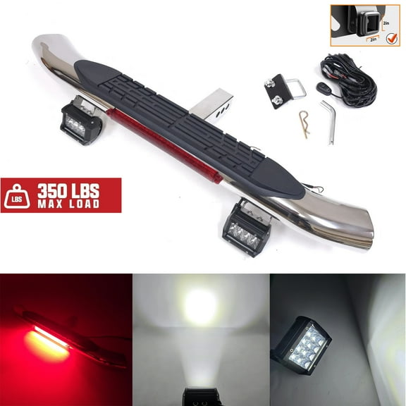 36" Tow Hitch Step Bar Guard with LED Brake Light Spot Light 4" Oval Curved Chrome Finish for 2" Receiver Truck Heavy Duty Steel Anti Slip Pad Universal