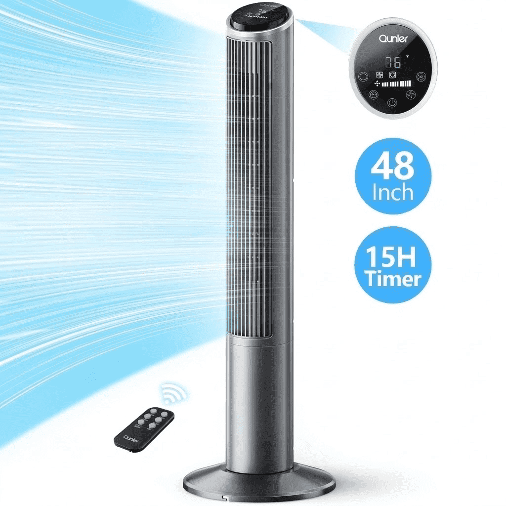 Qunler Tower Fan with Remote, 40" Bladeless Fan for Home, 70° Oscillation, 3 Speeds, 2 Modes, 15H Timer Quiet AC Motor Floor Fan for Bedroom, Office, Gray