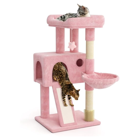36" Tower for Indoor Cats, Compact Multi-Level Cat Condo with Scratching Posts, Top Perch, Side Basket and Dangling Ball, Cat Climbing Tower for Kittens and Elderly Cats, Soft Pink