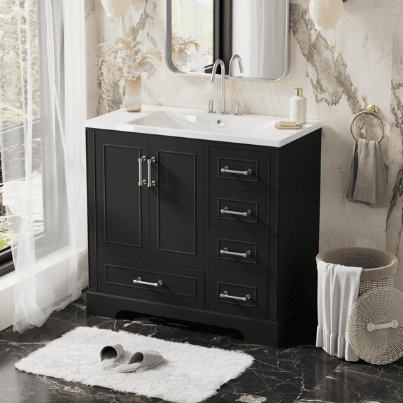 36" Traditional Bathroom Vanity with Resin Sink Combo Set with Two Doors and Four Drawers, Black