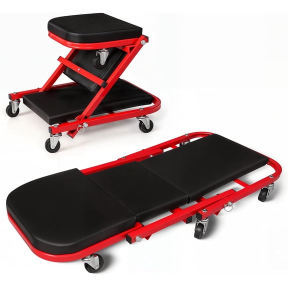 36" Triplex Folding Creeper 2-in-1 Garage Foldable Creeper and Seat, Low Profile Mechanic Creeper with 6 Caster Wheels - 330 lbs Capacity (Red)