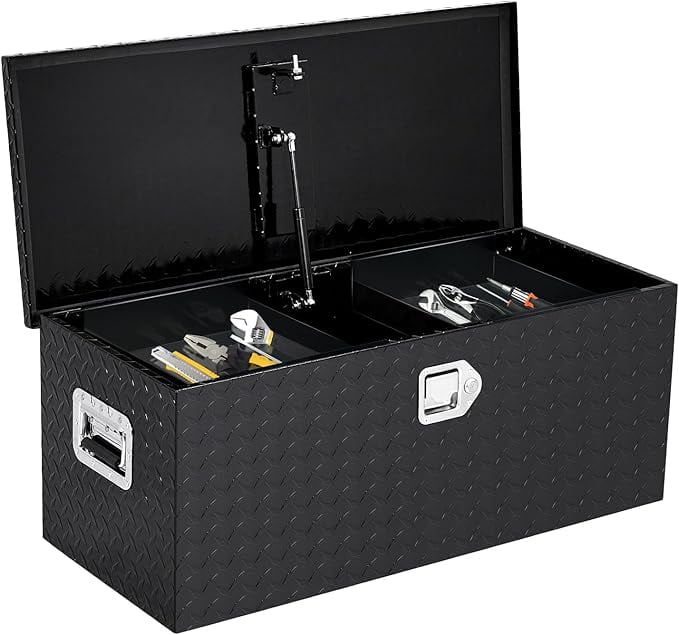 36'' Truck Bed Tool Box, Heavy Duty Aluminum with Sliding Shelf, Diamond Plate ToolBox for Pick Up Truck RV Trailer, Trailer Toolbox Storage with Side Handle, Lock and Keys, Black