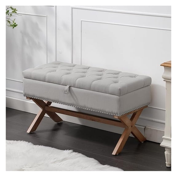 36" Tufted Entryway with Storage,French Vintage Bedroom with X-Shaped Legs, Linen Fabric Storage Ottoman for Bedroom Dining Room Living Room Entryway, Gray
