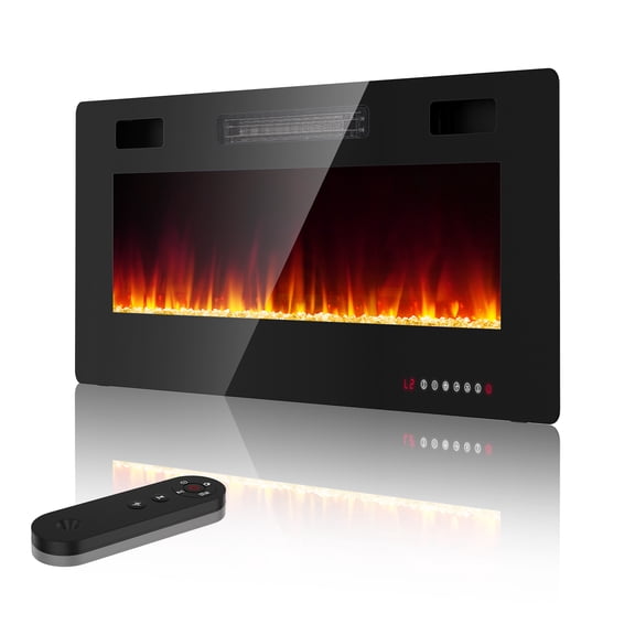 36" Ultra Thin Black Recessed Electric Fireplace with 3D Flame Heater