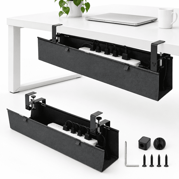 36" Under Desk Cable Management Tray, Clamp-On No-Drill Cord Organizer for Office Home
